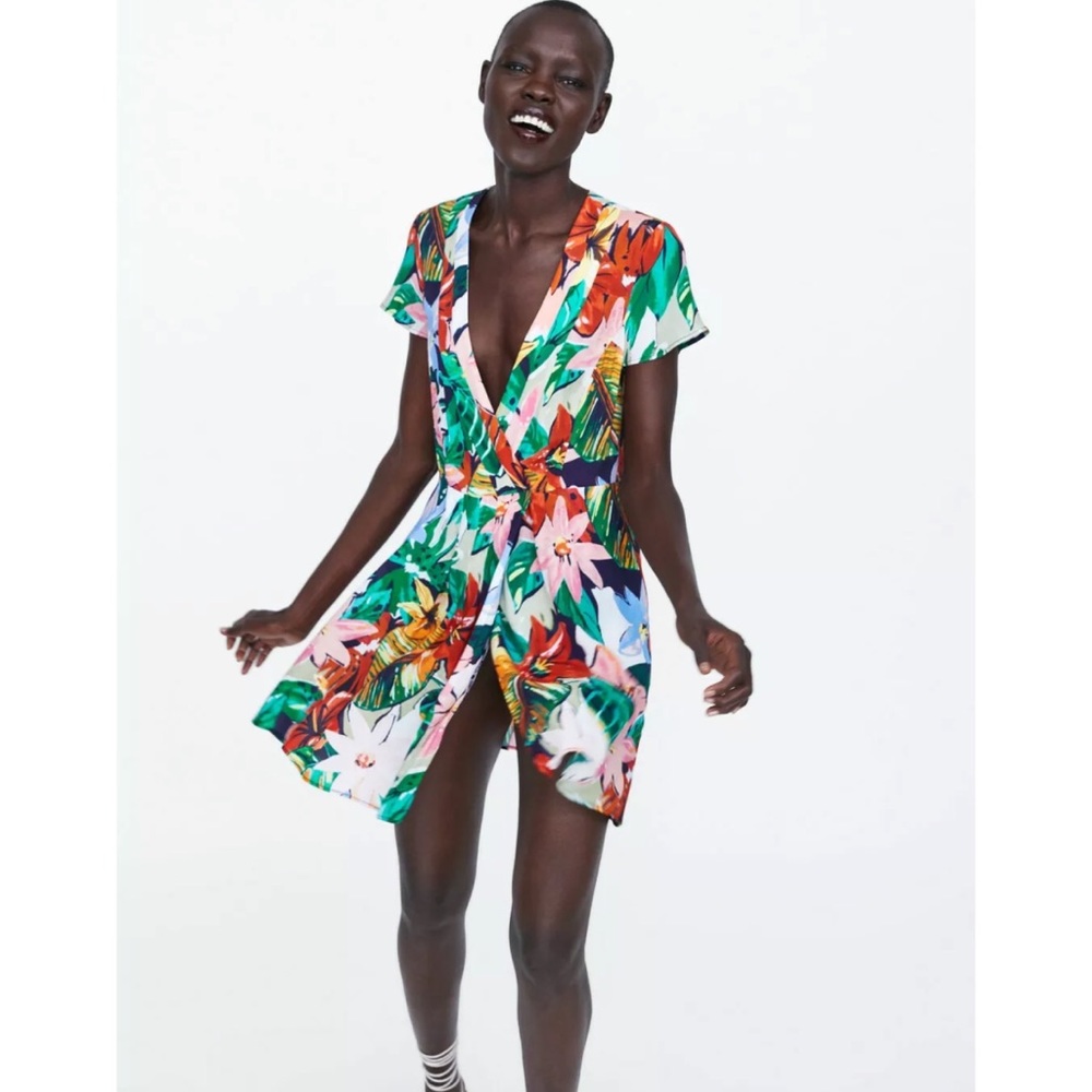 NWT Zara Tropical Floral Print One Piece Dress Cap Sleeves Size M